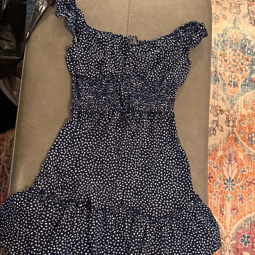 Navy Blue Ruffled Dress with White Polka Dots